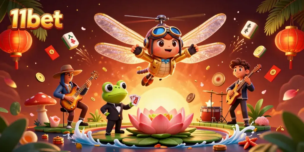 Experience thrilling action at 11bet with a lively casino scene featuring a dragonfly pilot and frog dealer.