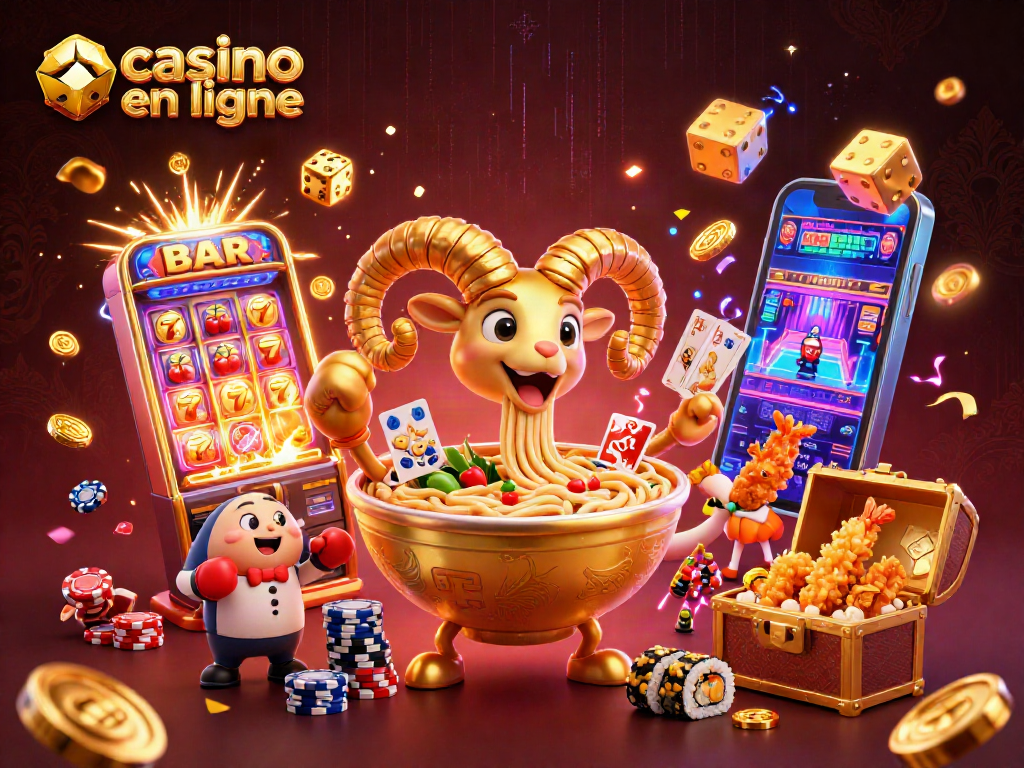 Des jeux d'argent captivants avec "casino en ligne" animé par un bol de ramen géant et des personnages enjoués.