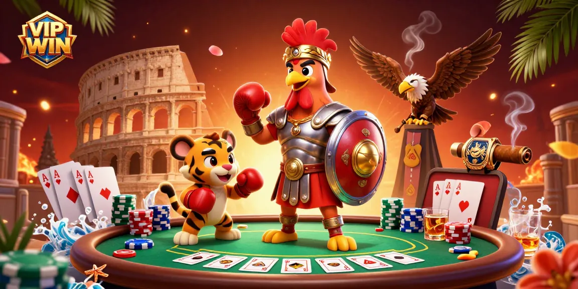 Experience the thrill of poker with VIPWIN's 3D digital illustration showcasing a lively casino scene.