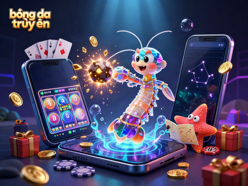 Bóng đá trực tuyến scene with a galactic samurai mantis shrimp amidst explosions of gems and coins, illustrating casino elements.
