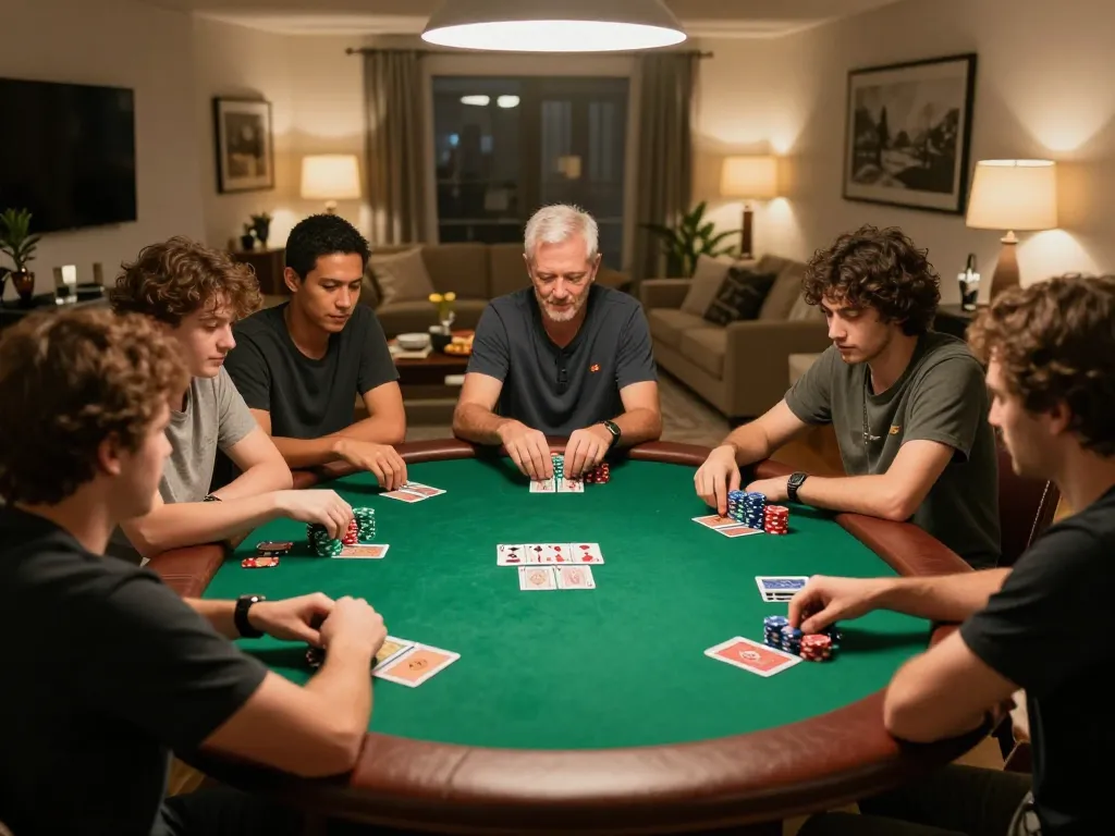 Các người chơi LUCK8 tận hưởng một đêm chơi poker cạnh tranh với chip và bài.