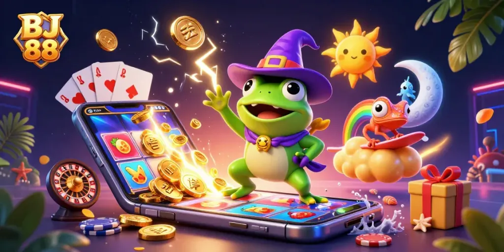 Experience thrilling casino gaming with BJ 88's vibrant character illustration featuring exciting game elements.