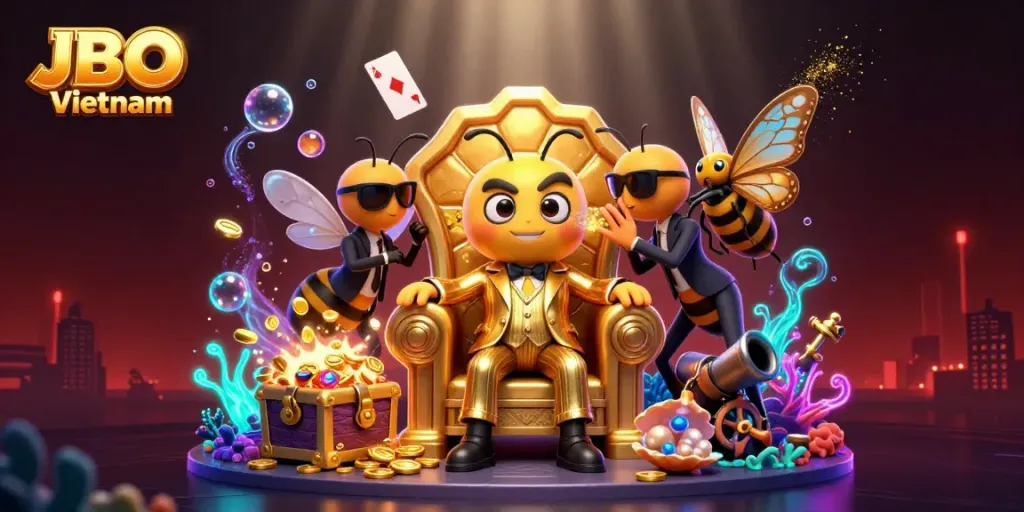 Experience JBO Vietnam's vibrant gaming scene with a whimsical bee mob boss surrounded by action-packed casino elements.