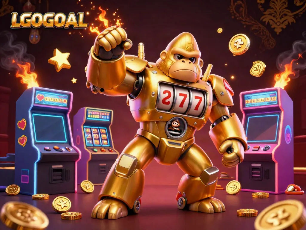 Engage in the vibrant world of LGOGOAL with a dynamic 3D illustration showcasing a golden gorilla mech and arcade elements.