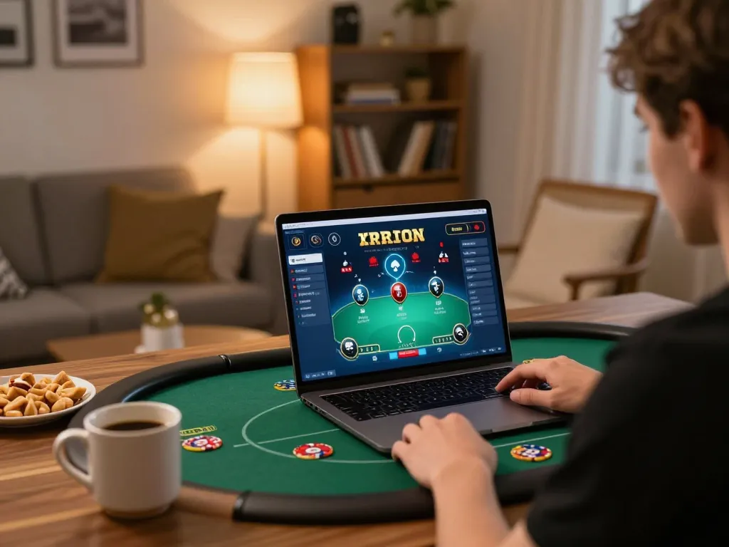 Engaging poker gameplay on a laptop reflecting the bestweddingbackdrops concept in a cozy home setting