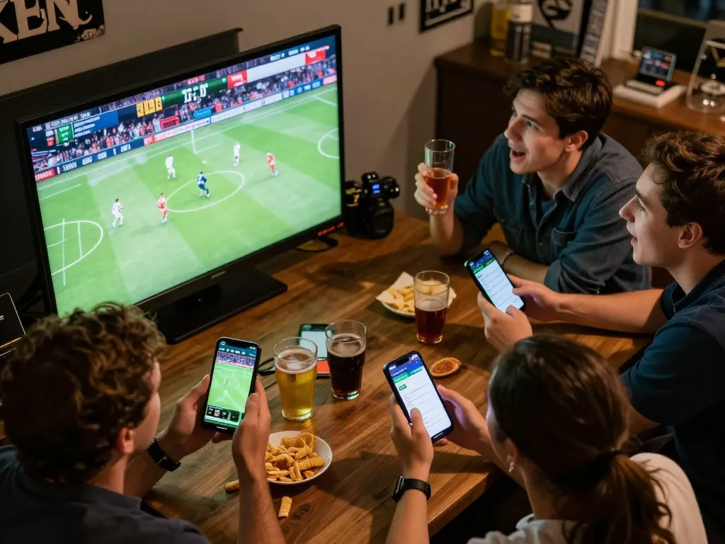 Girlmeetsformosa participants engaging in live sports betting while watching a match on TV.