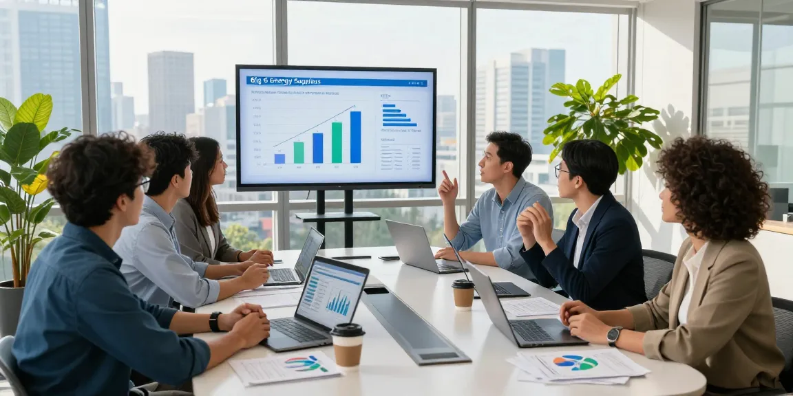 Team discussing big 6 energy suppliers in modern office setting with data visuals.