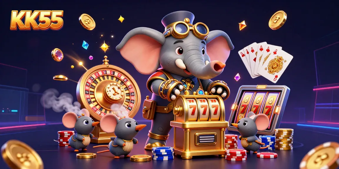 Spin the reels at KK55, featuring an engineer elephant operating a golden slot machine amidst vibrant casino elements.