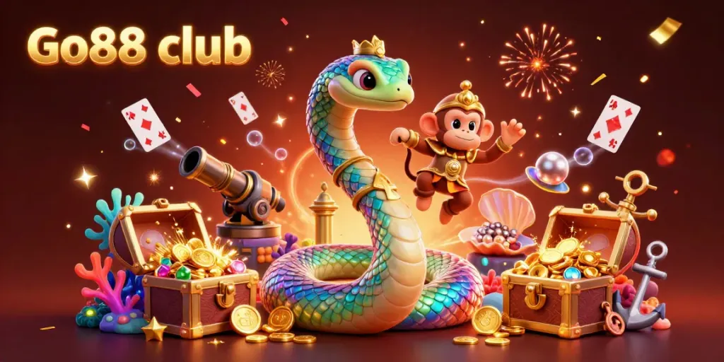 Experience the thrill of the Go88 club with a vibrant 3D visual of a serpent and playful king in a rich casino scene.
