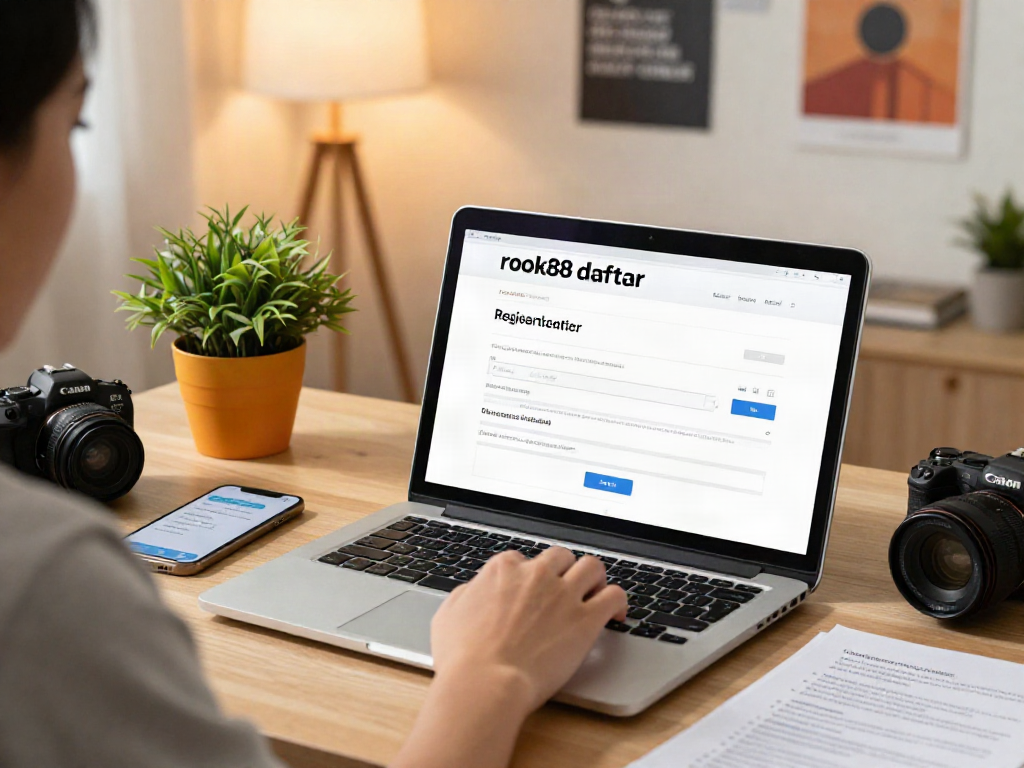 Seamless rokok88 daftar registration process on a modern laptop in a cozy home office.