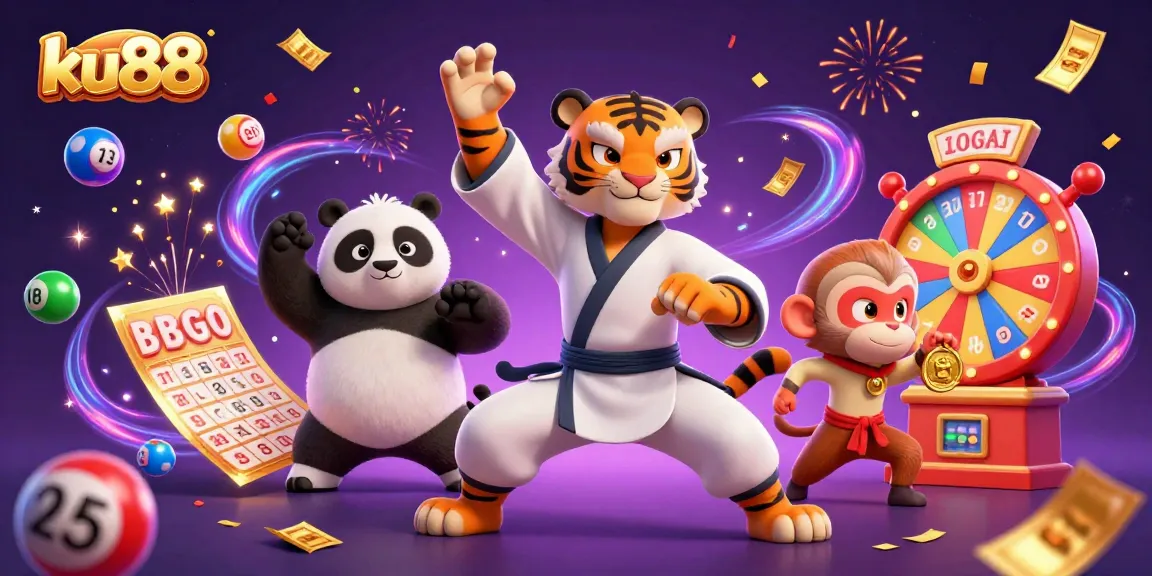 ku88 casino illustration features animated tiger, panda, and monkey in a vibrant lottery scene.