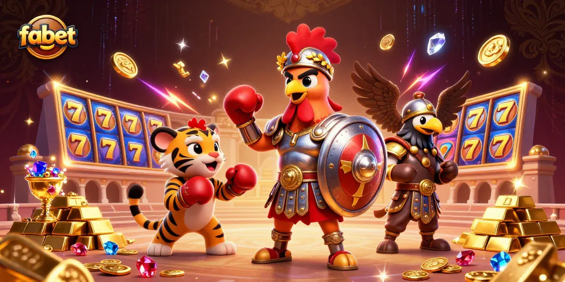 Engage with fabet's thrilling gaming adventure featuring a gladiator rooster, gold treasures, and slot elements.
