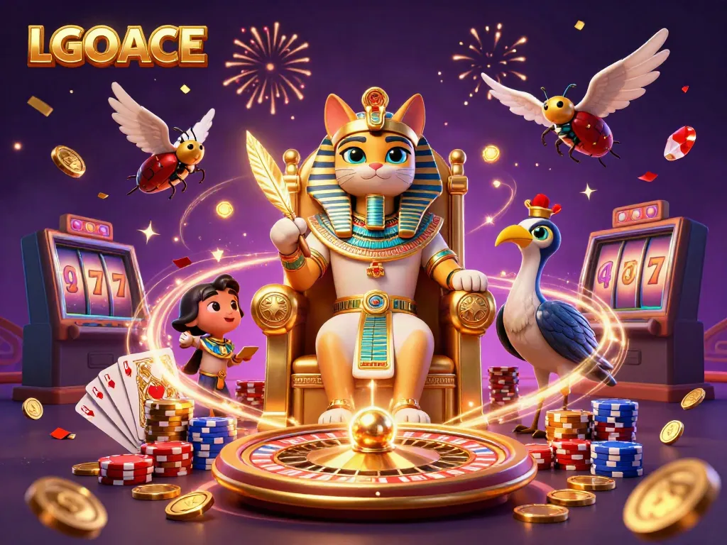LGOACE empowers players with thrilling casino experiences featuring an Egyptian cat pharaoh, roulette, and dazzling gems.