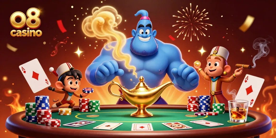 Experience thrilling wins at o8 casino with a vibrant 3D illustration of lively gaming characters.
