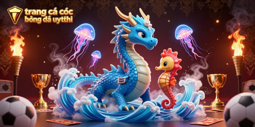 Trải nghiệm trang cá cược bóng đá uy tín với hình ảnh rồng nước và cá ngựa trong không gian đầy năng lượng