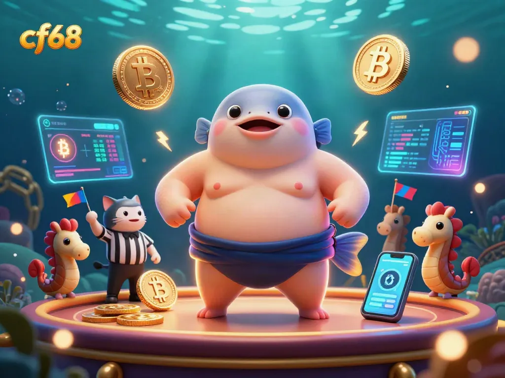 Engage with cf68's underwater crypto casino, featuring a playful fugu and vibrant blockchain elements.
