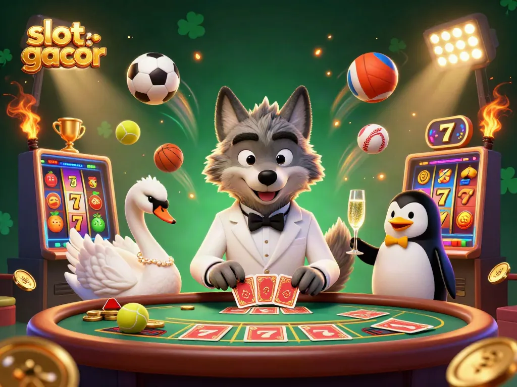 Engaging slot gacor scene with a debonair wolf, elegant swan, and penguin sommelier amidst vibrant game symbols.