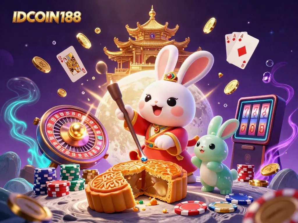 IDCOIN188 scene featuring a playful cartoon moon rabbit with poker chips, coins, and casino elements.