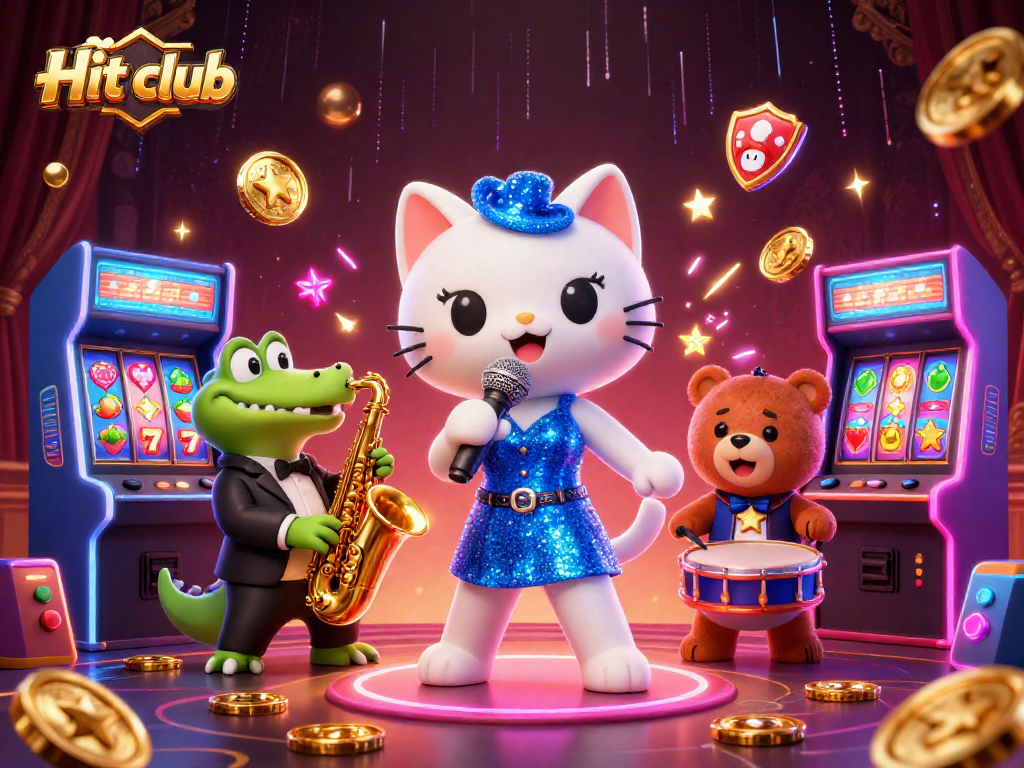 Hit club showcases lively 3D characters and casino-themed elements in vibrant illustration.
