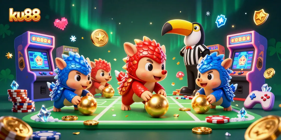 ku88 pangolins roll golden balls and poker chips in a vibrant casino scene