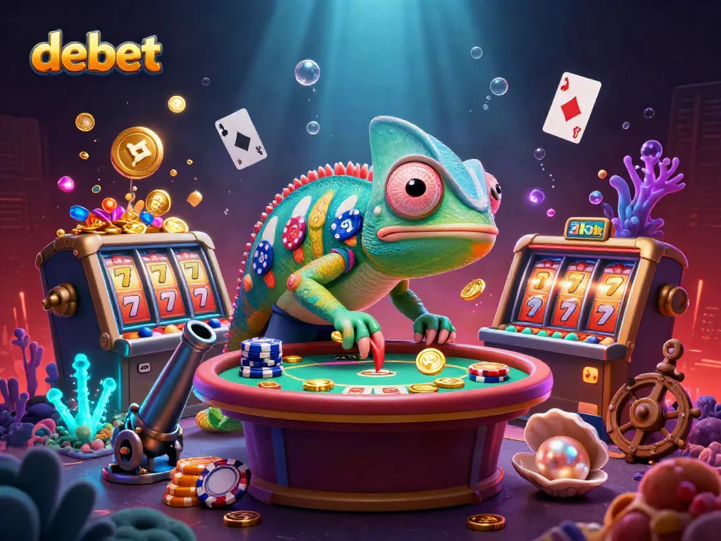 Play games at debet with a vibrant scene showcasing the chameleon casino owner and exciting gambling elements.