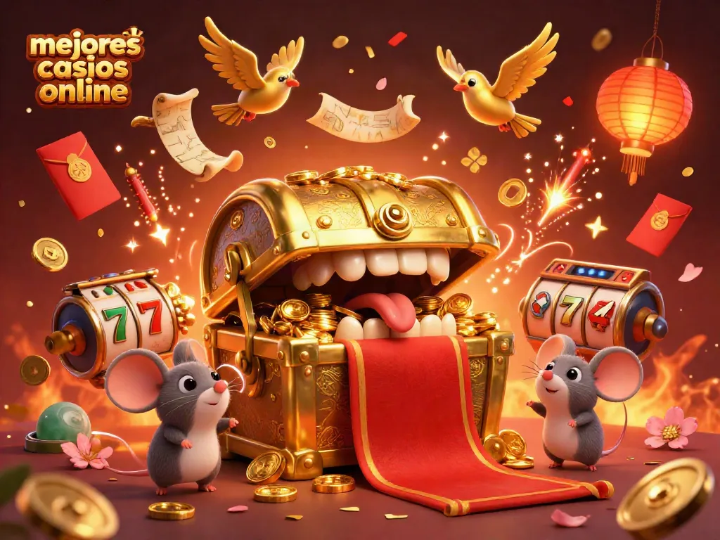 Descubre los mejores casinos online en una emocionante escena con tesoros y jackpots.