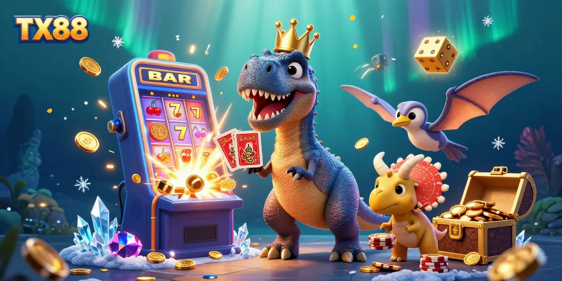 Experience TX88’s vibrant casino world with a T-Rex shuffling cards and a jackpot explosion around