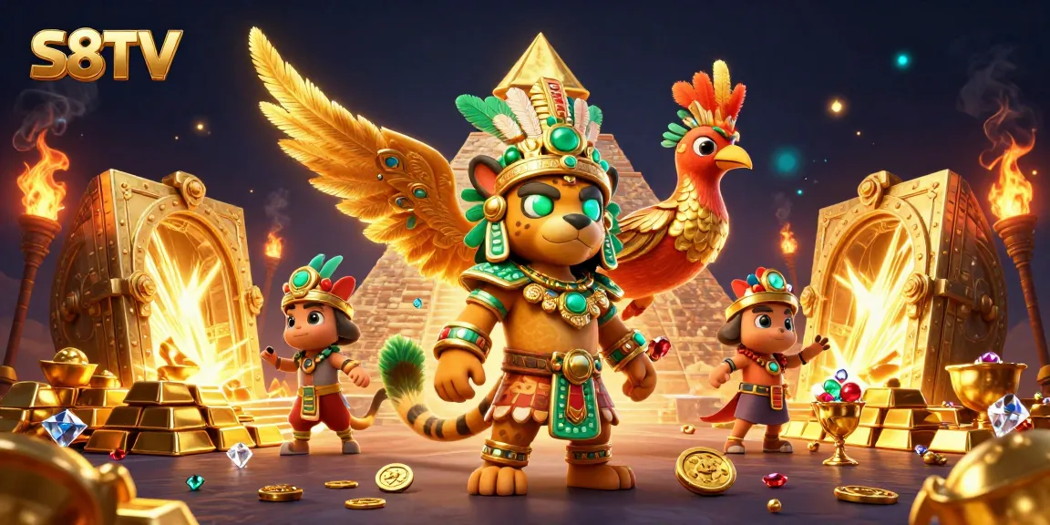 S8TV enhances your betting experience with vivid streaming, showcasing a vibrant scene of a Mayan jaguar priest amid treasures.
