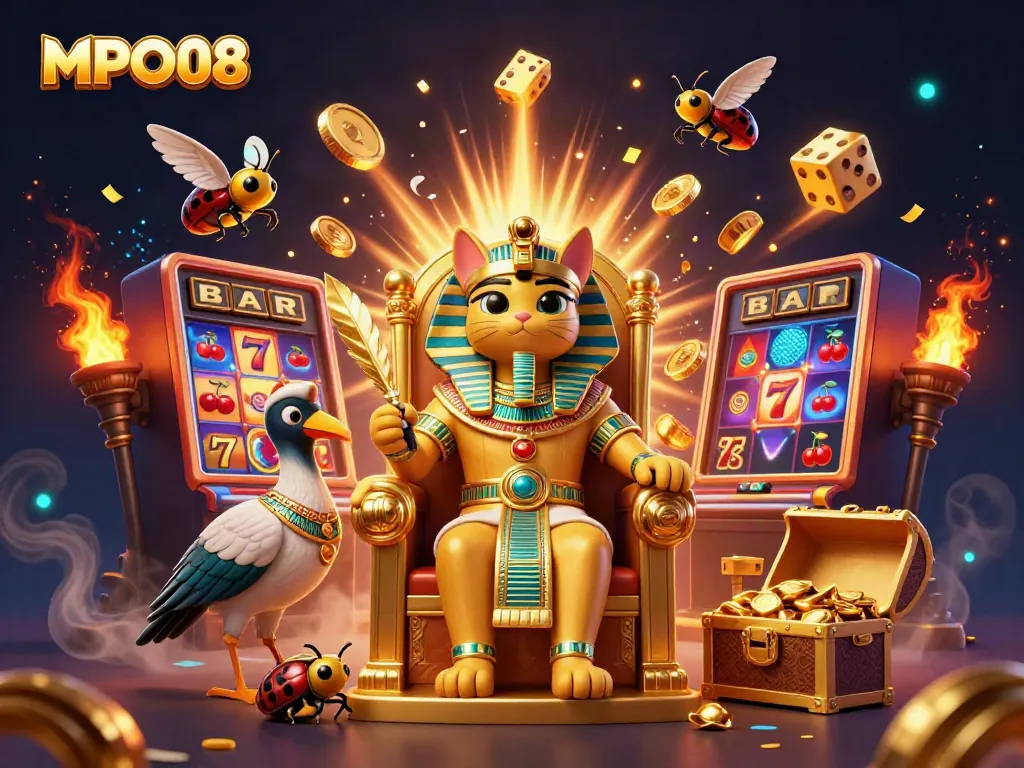 Experience exciting gameplay at MPO08 with a rich scene featuring a pharaoh cat and slot machines.
