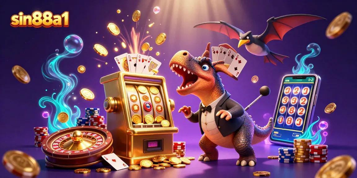 Experience sin88a1 excitement as a cartoon dinosaur wins gold from a slot machine amidst cascading coins.