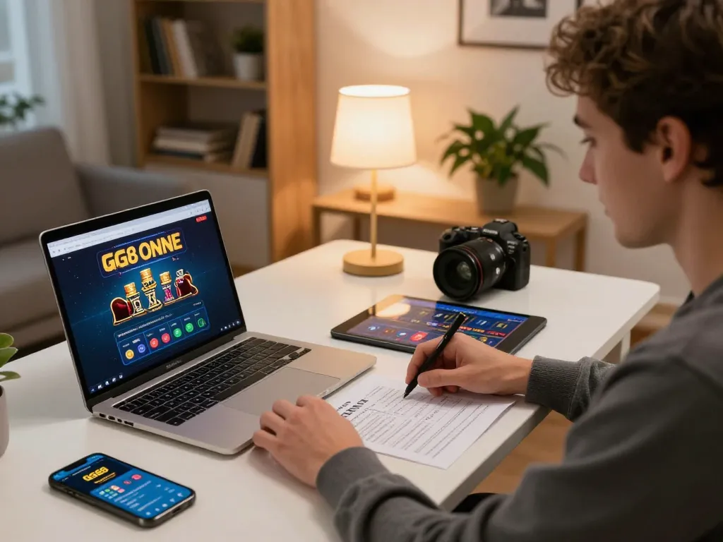 Engaged player using the GG88 app for online gambling strategy with laptop and notes