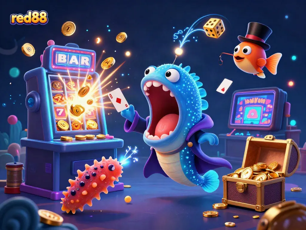 Experience the vibrant magic of red88 with this 3D underwater casino scene featuring a gulper eel performing card tricks and dynamic game elements.