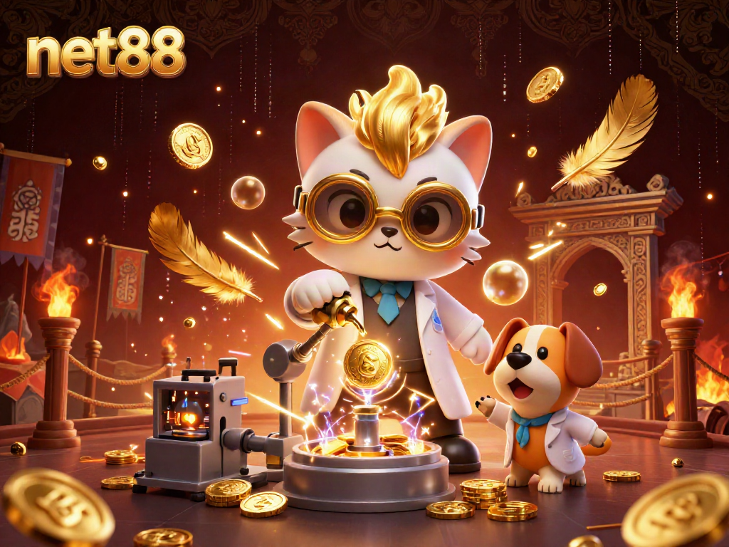 Engage with top-tier gameplay at net88, showcasing a lively casino atmosphere filled with gold coins and playful characters.
