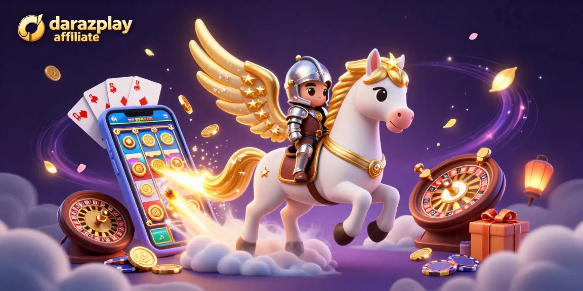 Experience the excitement of darazplay affiliate with a vibrant 3D gaming illustration showcasing slot games and casino elements.
