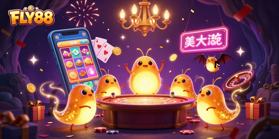 FLY88 glowworms illuminate a vibrant casino setting, showcasing dynamic gaming action with animated slot games.