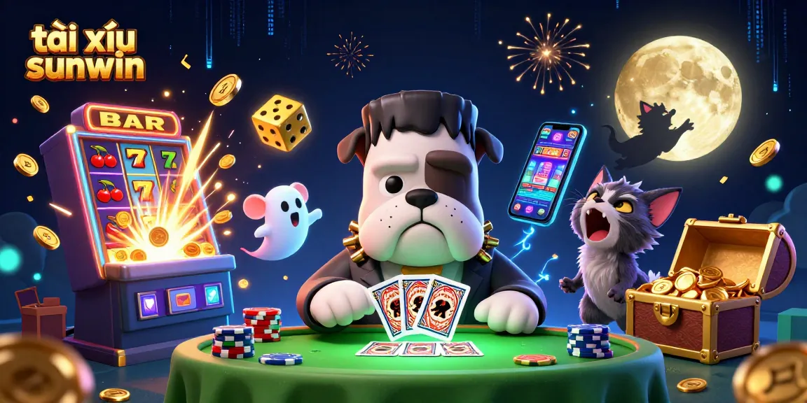 Tài xỉu sunwin illustration showcasing a lively casino scene with characters interacting with cards and vibrant game elements.