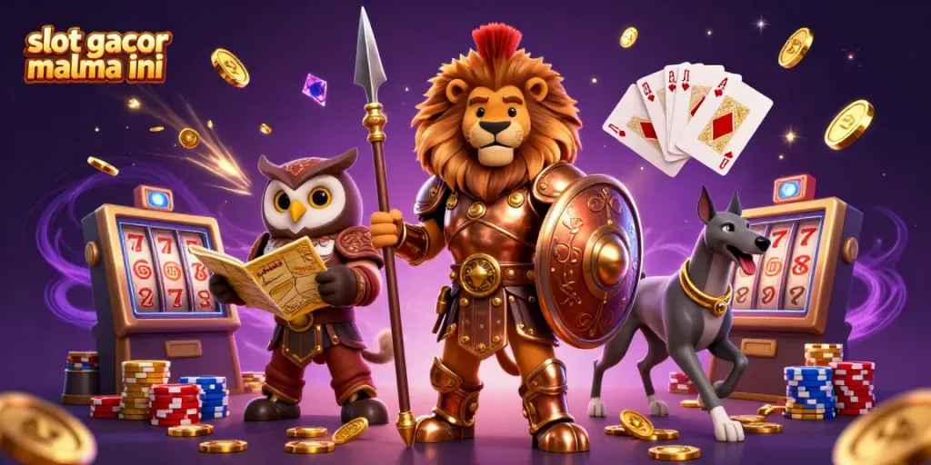 Experience the excitement of slot gacor malma ini with a dynamic scene featuring a Spartan lion, a tactical owl strategist, and a swift greyhound amidst shimmering casino elements.