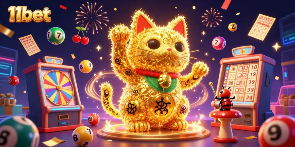 Experience the excitement of 11bet with a dynamic illustration of a lucky cat formed by golden fireflies amidst casino symbols and colorful game elements.