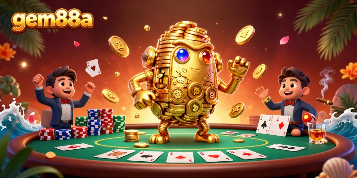 Experience the excitement of gem88a in thrilling poker action with dynamic golden golem and colorful chips.