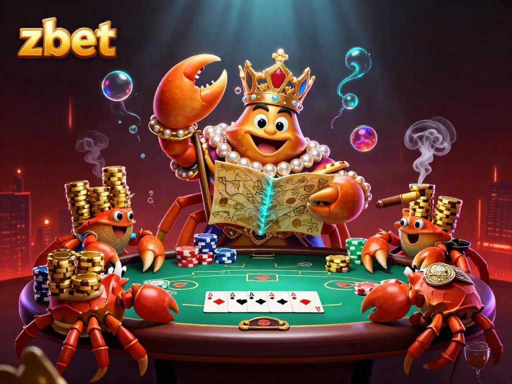 Play in zbet's lively 3D cartoon casino scene featuring a golden crab emperor with poker elements.