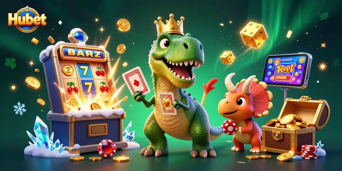 Experience exciting gameplay at Hubet with a T-Rex shuffling cards alongside a treasure-filled slot machine.