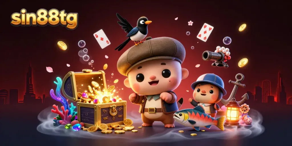 Experience the thrill of sin88tg with playful characters among vibrant casino elements.