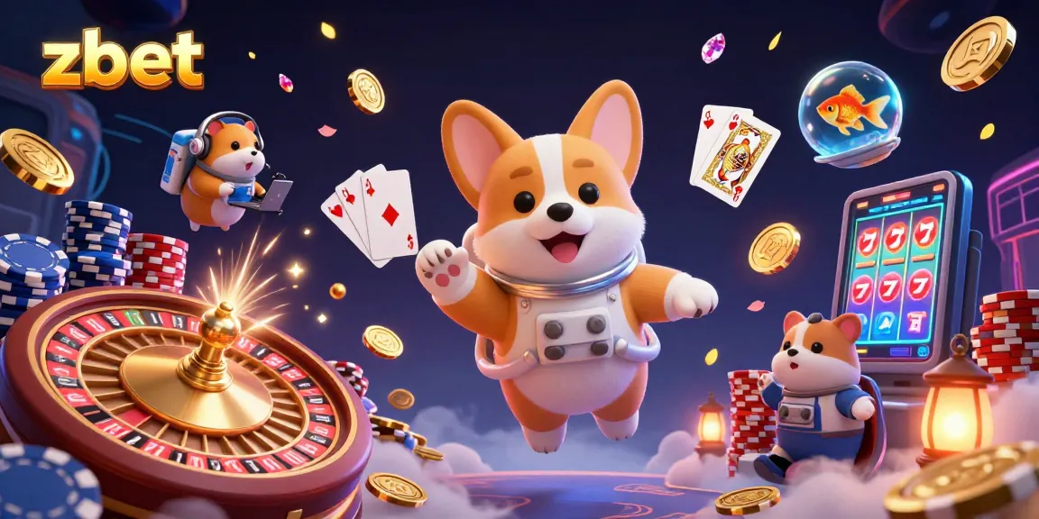 Zbet offers a thrilling casino experience with a cartoon astronaut corgi in a vibrant, futuristic space casino.