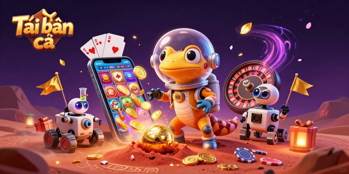 Tải bắn cá showcases a Martian gecko in a casino, capturing vibrant gaming action.