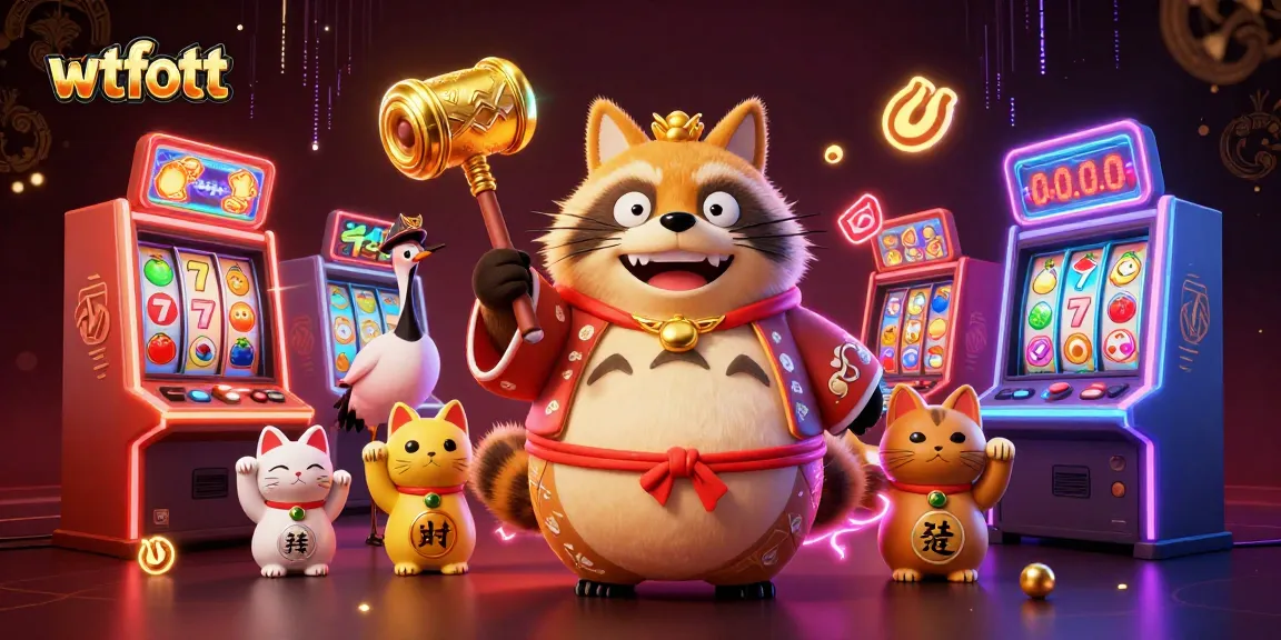 Play thrilling slots at wtfott featuring a cheerful tanuki, jackpots, and vibrant game elements.