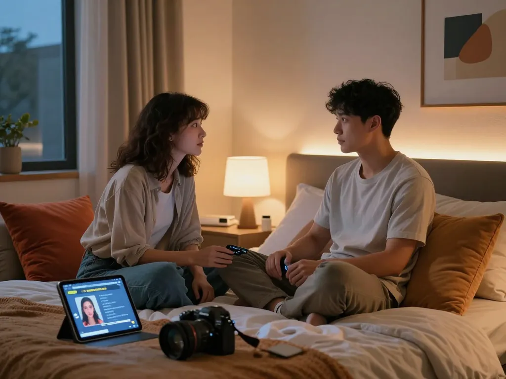 Engaging interaction between a person and AI sex companion in a cozy, modern bedroom setting, showcasing the future of ai sex technology.