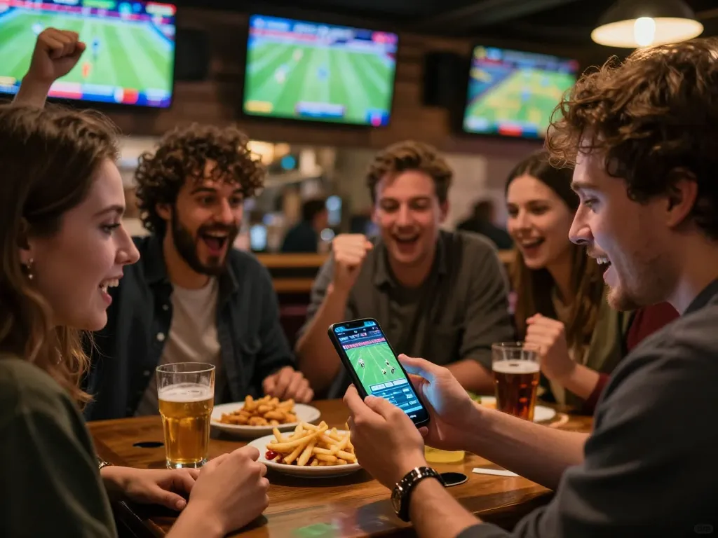 Sports betting activity on mobile app while friends cheer, showcasing keobongda odds review.