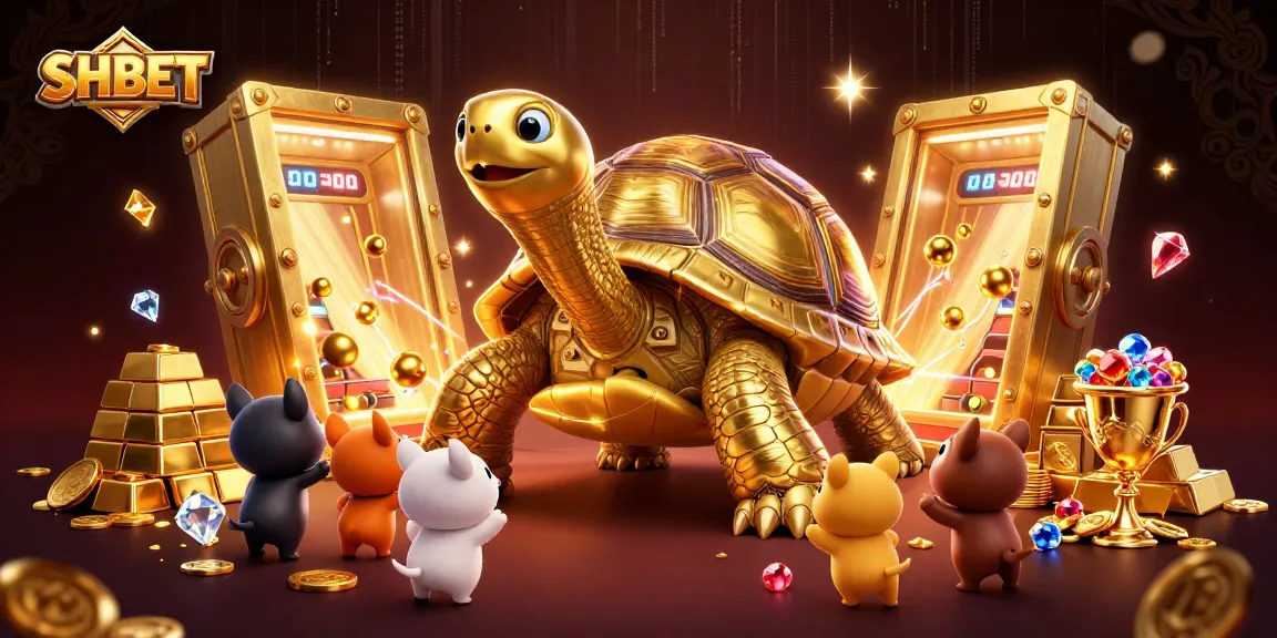 Experience SHBET's vibrant gaming world with a colossal tortoise pinball machine surrounded by treasure.