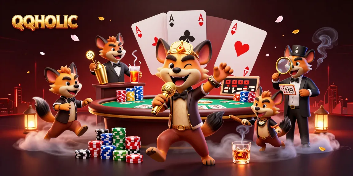 Experience gaming thrills with QQHOLIC's comedic casino scene featuring vibrant characters and poker elements.