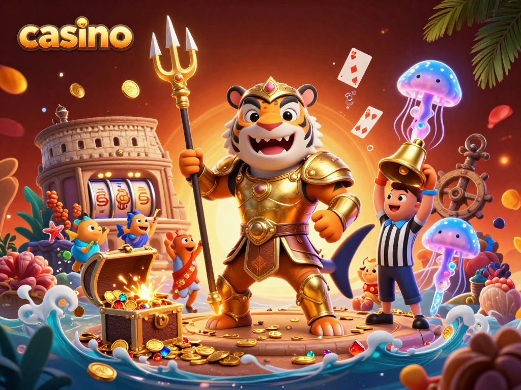 Join the casino excitement with a fierce shark in gladiator armor, surrounded by treasures and playful sea creatures.